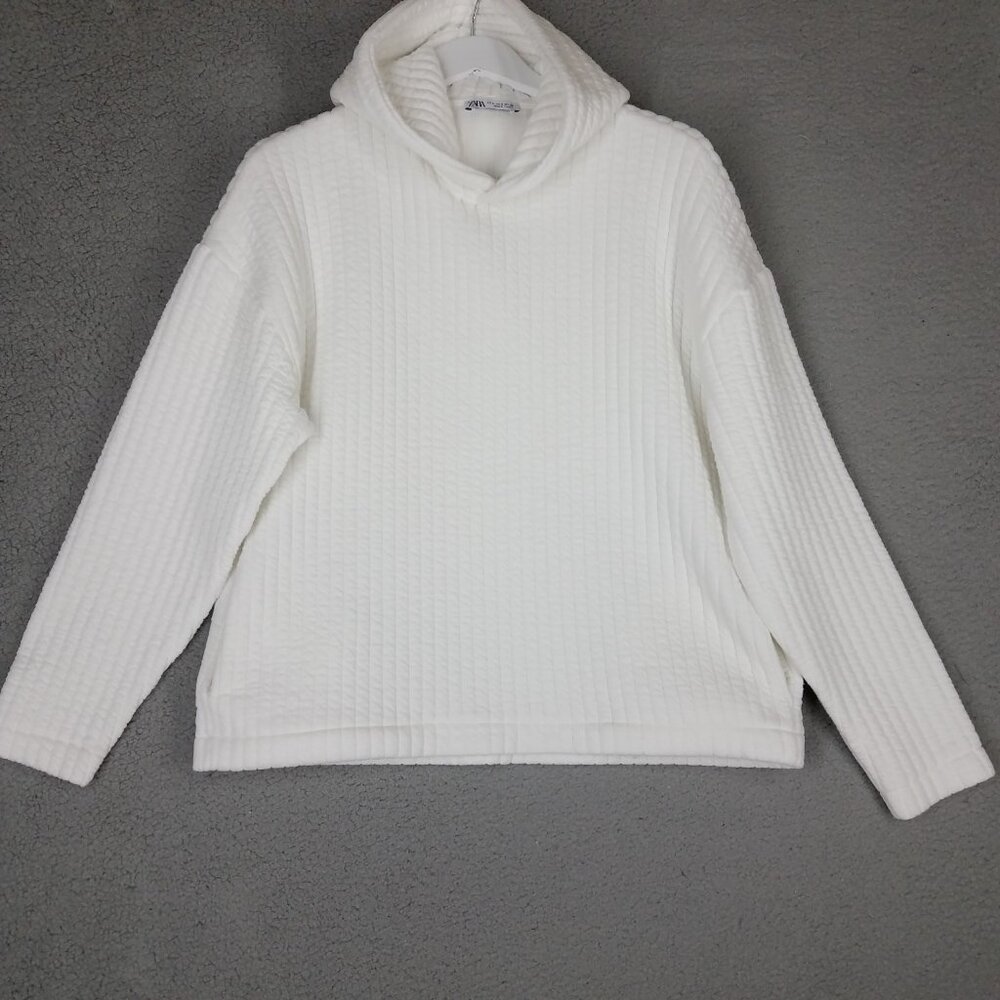 Zara Hoodie Sweater Women's Small White Ribbed Oversized Lounge Comfort Casual